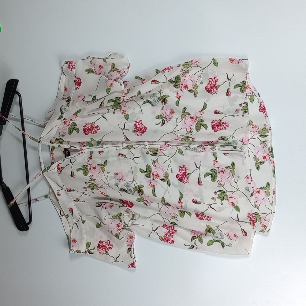 Express Floral Button Up Over the Shoulder Blouse Top White Pink & Green